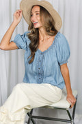 Puff Short Sleeve Ruffle Details Chambray Top by Boutique 23