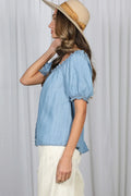 Puff Short Sleeve Ruffle Details Chambray Top by Boutique 23