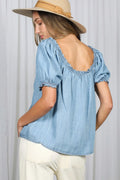 Puff Short Sleeve Ruffle Details Chambray Top by Boutique 23