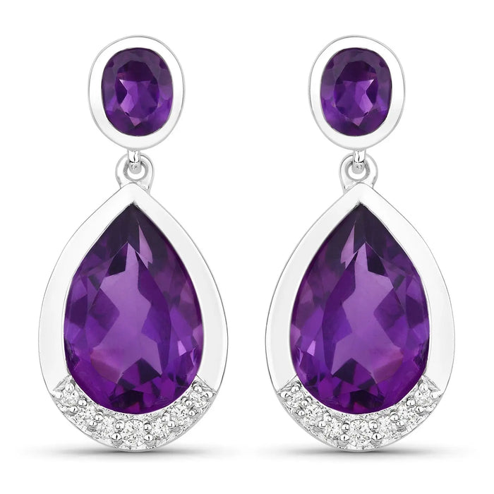 Purple Amethyst & Lab Grown Diamond Bezel Silver Dangle Earrings by Fine Color Jewels