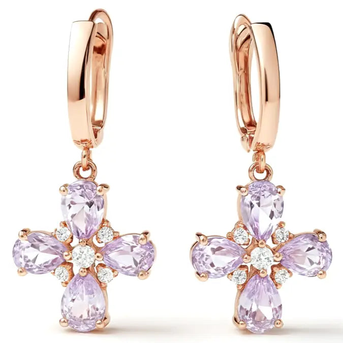 Purple Natural Amethyst Flower Silver Earrings by Fine Color Jewels