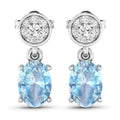 1.40 Ct Oval Blue Aquamarine & Diamond Prong 14K White Gold Dangle Earrings by Fine Color Jewels