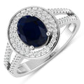 1.64 Ct Oval Blue Sapphire and White Diamond Prong 14k Gold Halo Pave Statement Ring by Fine Color Jewels