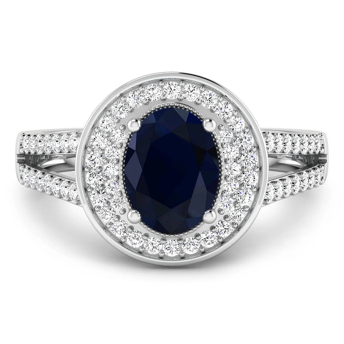 1.64 Ct Oval Blue Sapphire and White Diamond Prong 14k Gold Halo Pave Statement Ring by Fine Color Jewels