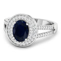1.64 Ct Oval Blue Sapphire and White Diamond Prong 14k Gold Halo Pave Statement Ring by Fine Color Jewels