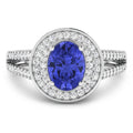1.43 Ct Oval Violet Tanzanite and White Diamond Prong 14k Gold Halo Pave Statement Ring by Fine Color Jewels