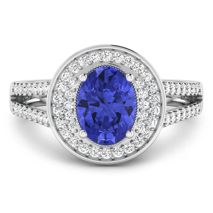1.43 Ct Oval Violet Tanzanite and White Diamond Prong 14k Gold Halo Pave Statement Ring by Fine Color Jewels