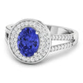 1.43 Ct Oval Violet Tanzanite and White Diamond Prong 14k Gold Halo Pave Statement Ring by Fine Color Jewels