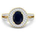 1.64 Ct Oval Blue Sapphire and White Diamond Prong 14k Gold Halo Pave Statement Ring by Fine Color Jewels