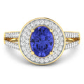1.43 Ct Oval Violet Tanzanite and White Diamond Prong 14k Gold Halo Pave Statement Ring by Fine Color Jewels