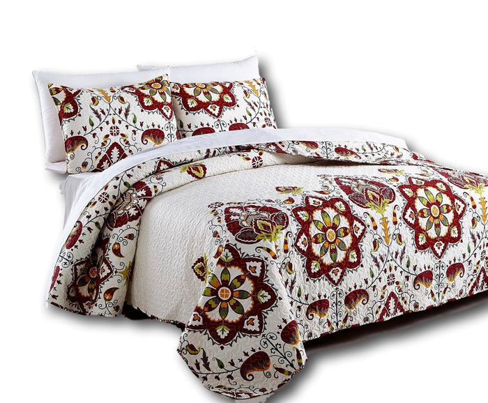 DaDa Bedding Casablanca Garden Mediterranean Floral Red & White Quilted Bedspread Set (HS-11130) by DaDalogy Bedding Collection
