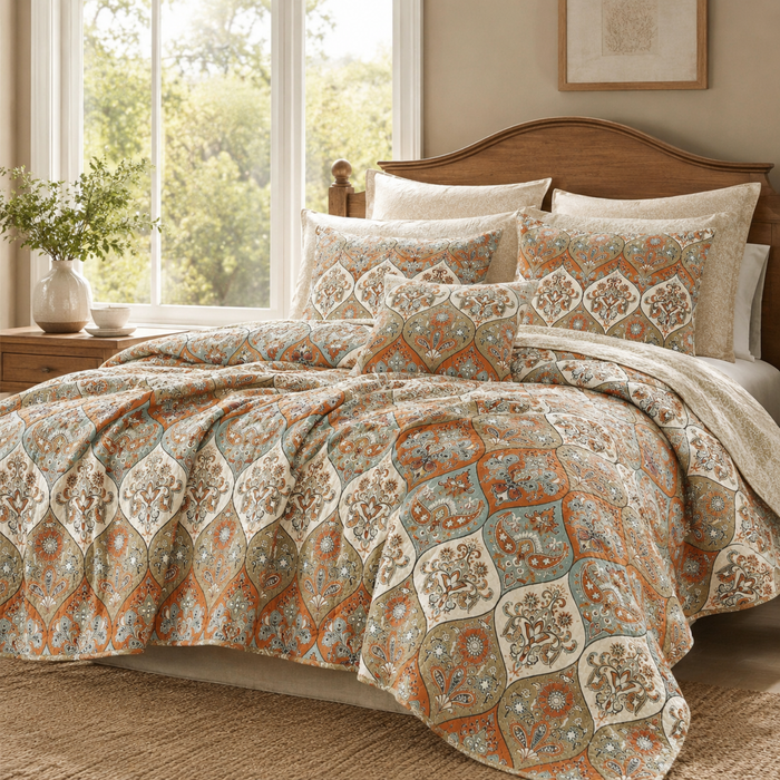 DaDa Bedding Bohemian Floral Paisley Garden Coral Teal Quilted Bedspread Set (LH1403) by DaDalogy Bedding Collection