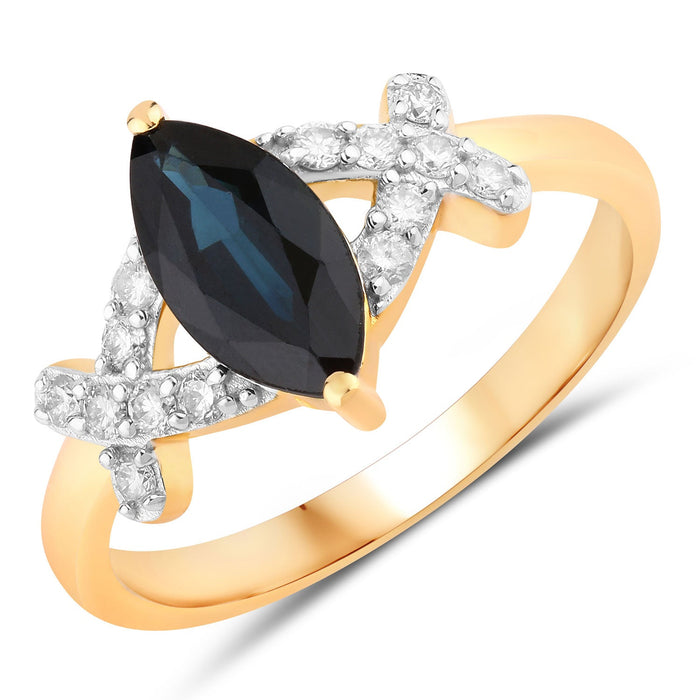 1.50ct Marquise Blue Sapphire and White Diamond Prong 14K Yellow Gold Criss-Cross Ring by Fine Color Jewels