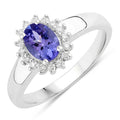 0.75 Ct Oval Violet Tanzanite and Lab Diamond Prong Silver Halo Floral Ring by Fine Color Jewels
