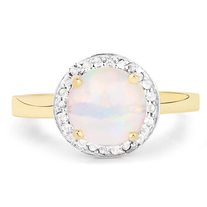 0.95 Ct Round White Ethiopian Opal Prong Yellow Gold Plated Silver Halo Ring by Fine Color Jewels
