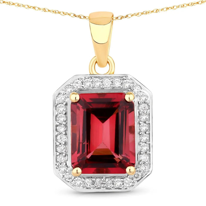 Red Genuine Rubellite and White Diamond 14K Yellow Gold Halo Pendant by Fine Color Jewels