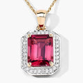 Red Genuine Rubellite and White Diamond 14K Yellow Gold Halo Pendant by Fine Color Jewels