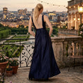 City Studios Juniors Beaded-Back Satin Gown, 3/Navy by Vanessa Jane