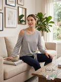 Single Thread Womens Grommet Cold Shoulder Pullover Top Gray, Small by Vanessa Jane