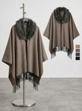 Charlie Paige Faux Fur Brown Cape with Fringe One Size by Vanessa Jane