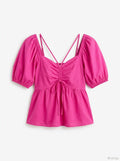 Aqua Cutout Puff Sleeve Top, Hot pink,Size Small by Vanessa Jane