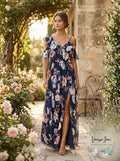 Aqua Women Blue Purple Floral Ruffle V-Neck Cold-Shoulder Maxi Dress Size 2 by Vanessa Jane
