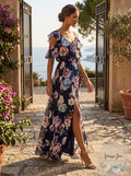 Aqua Women Blue Purple Floral Ruffle V-Neck Cold-Shoulder Maxi Dress Size 2 by Vanessa Jane