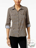 NY Collection Womens Petites Striped Utility Button-Down Top, Size PL by Vanessa Jane
