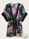 Miken Womens Black Floral Lace-Inset Tie-Front Kimono Swimsuit Cover-Up, XL by Vanessa Jane
