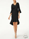 CALVIN KLEIN Womens Black Bell Cuff 3/4 Sleeve V Neck Dress Size: 4 by Vanessa Jane