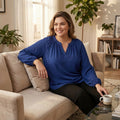Ny Collection Blouse Navy Plus Split Neck Bishop Sleeve,Size 2X by Vanessa Jane