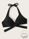 Bar III Shimmer Twist-Halter Bikini Top, Black, Size Small by Vanessa Jane