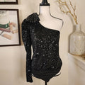Aqua Sequined Bow One Shoulder Bodysuit, Size Large by Vanessa Jane
