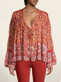 Free People Womens Lorraine Boho-Print Tie-Front Top, Orange Multi, Size Small by Vanessa Jane