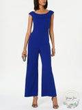 Connected Apparel Womens Blue Short Sleeve Off Shoulder Jumpsuit, Size 12 by Vanessa Jane