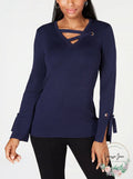 JM Collection Women's Grommet Trim V Neck Top Blue Size Small by Vanessa Jane