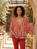 Free People Womens Lorraine Boho-Print Tie-Front Top, Orange Multi, Size Small by Vanessa Jane
