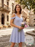 City Studios Juniors Cold-Shoulder Fit & Flare Dress, Blue/White, Size 11 by Vanessa Jane