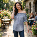 MICHAEL Michael Kors Chambray Womens Plaid Off the Shoulder Blouse, Size Medium by Vanessa Jane
