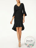 CALVIN KLEIN Womens Black Bell Cuff 3/4 Sleeve V Neck Dress Size: 4 by Vanessa Jane