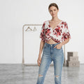 Aqua Flutter-Sleeve Floral Cropped Top, Size Medium by Vanessa Jane