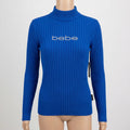 Bebe Rhinestone Mock Neck Ribbed Knit Sweater, Blue Size Large by Vanessa Jane