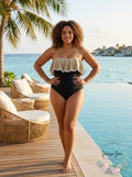 Coco Reef Contours Ruffled Bandeau Color block One-Piece Swim suit by Vanessa Jane