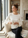 Avec Women's Pointelle Bell Sleeve Top, White, Size Large by Vanessa Jane