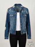 Almost Famous Juniors Varsity-Stripe Ripped Denim Jacket,XL by Vanessa Jane