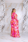 Plus Size Floral Print Jumpsuit with Long Bishop Split Sleeves - Pink by Fasheabe