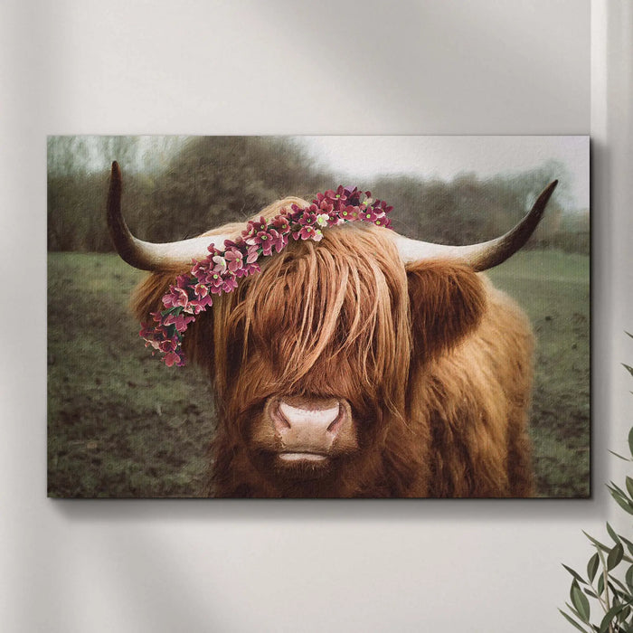 Retro Floral Crown Highland Cow Canvas Wall Art by Tailored Canvases
