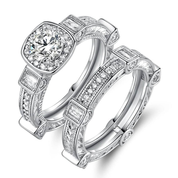 Rhodium Plated Cubic Zirconia Engagement Ring Set - Assorted Sizes by DailySale
