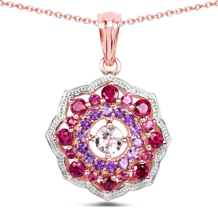 Rhodolite Garnet & Amethyst Prong Rose Gold Plated Silver Cluster Pendant Necklace by Fine Color Jewels