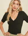Ribbed Casual Short Sleeve Bodysuit - Black